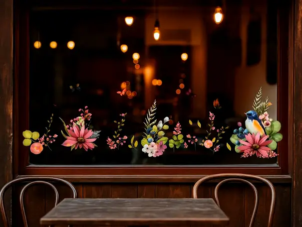 decor vitrina magazin cu stickere flori