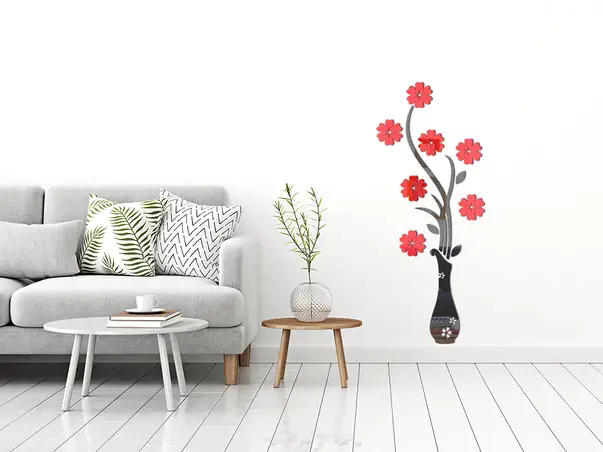 decoratiune oglinda vaza cu flori gri