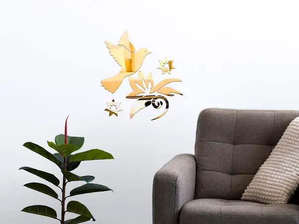 decoratiune perete oglinda aurie pasare in zbor