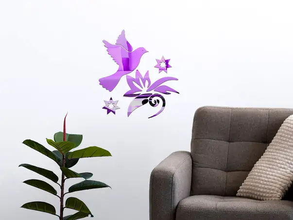 decoratiune perete oglinda mov pasare in zbor