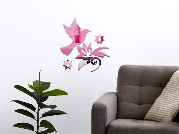 decoratiune perete oglinda roz pasare in zbor
