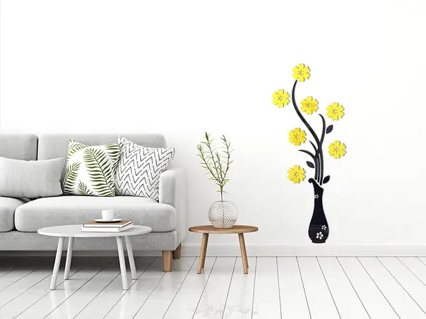 decoratiune perete vaza cu flori galbene