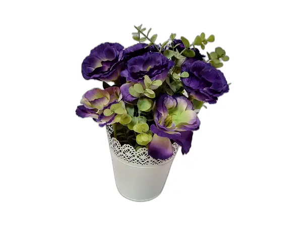 flori artificiale mov in vas metalic alb