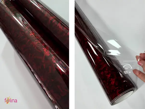 folie auto visiniu lucios cu textura de carbon forjat