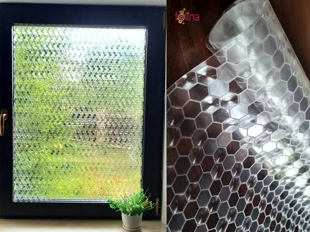 folie geam autoadeziva cu model hexagoane translucide