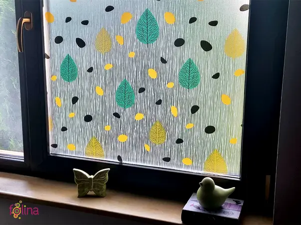 folie geam autoadeziva folina sablare cu frunze stilizate colorate