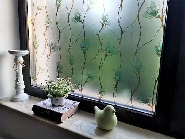 folie geam sablare cu model floral verde