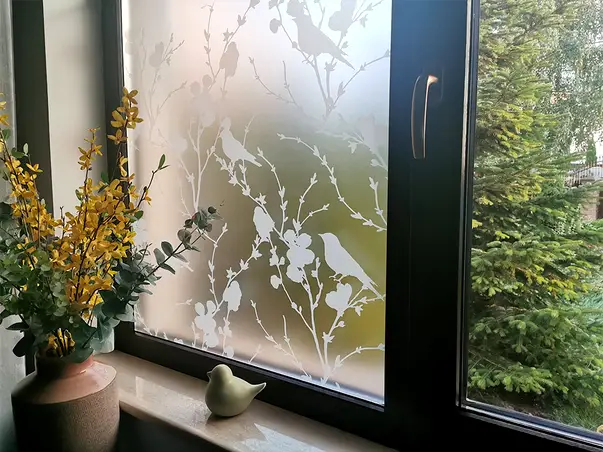 folie sablare geam cu model alb crengi si pasari folina