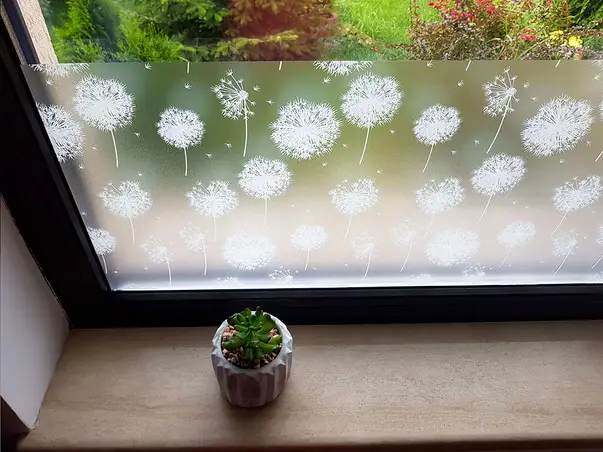 folie sablare geam cu model papadie alba