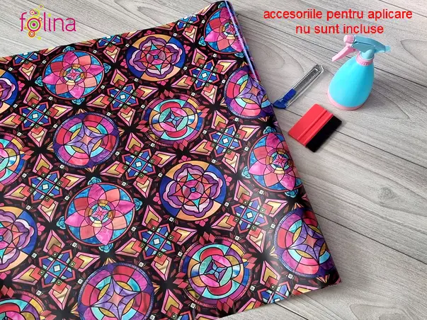 folie sablare geam cu model tip vitraliu folina