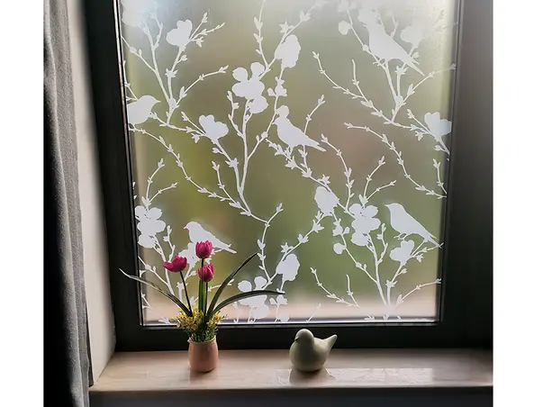 folie sablare model crengi si pasari veneciano alb