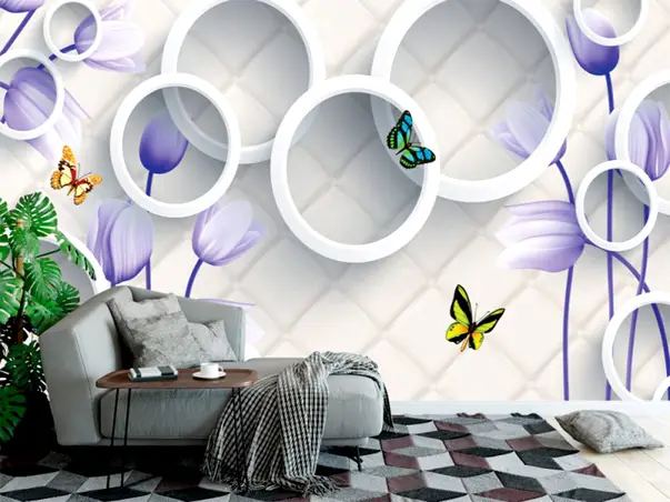 fototapet 3d cercuri si flori lila