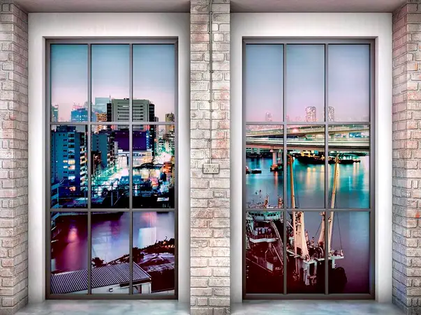 fototapet 3d fereastra catre oras