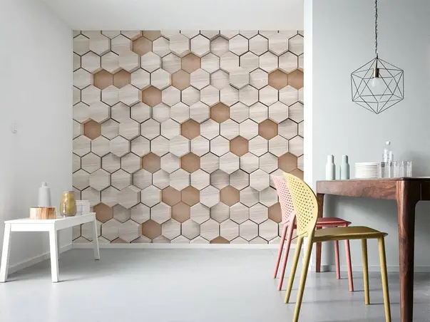 fototapet 3d hexagoane bej textura lemn