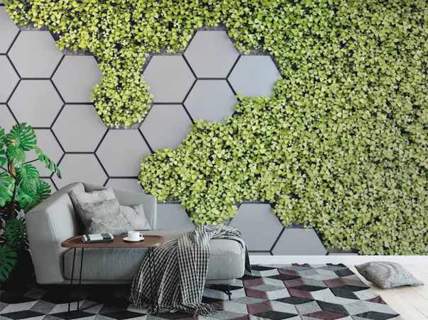 fototapet 3d hexagoane gri si plante verzi