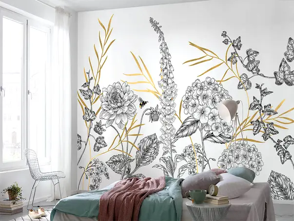 fototapet Bumble Bee komar model floral grafic si accente metalice aurii 400 280 cm