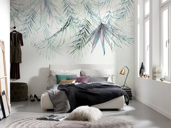 fototapet alb cu frunze komar palm spring