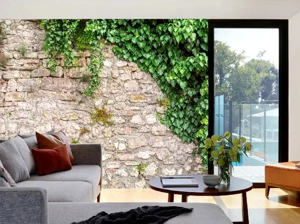 fototapet autoadeziv dimex zid piatra cu frunze verzi