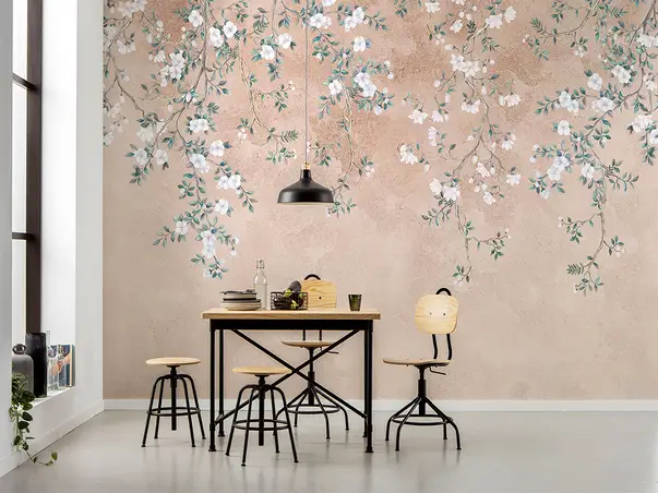 fototapet bej cu model floral alb