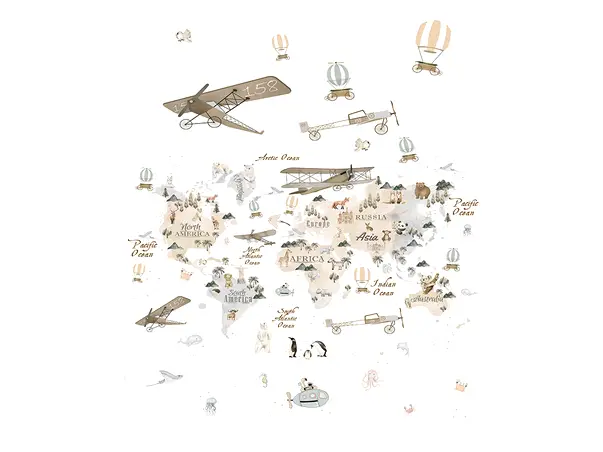 fototapet camera baieti harta lumii cu aparate de zbor alb