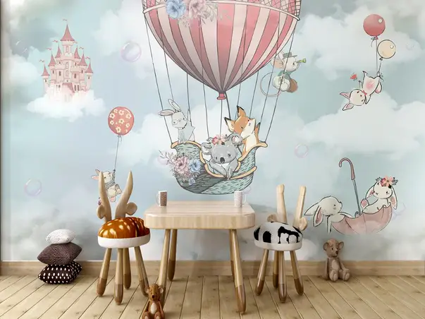 fototapet camera fete balon in zbor spre castel