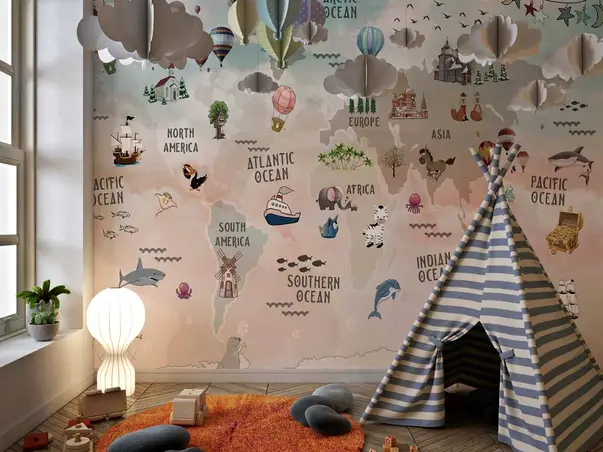 fototapet copii harta lumii cu oceane si animale