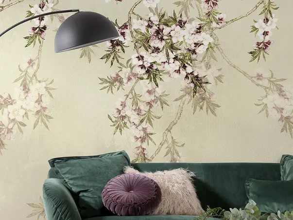 fototapet floral bej crengi inflorite si pasari