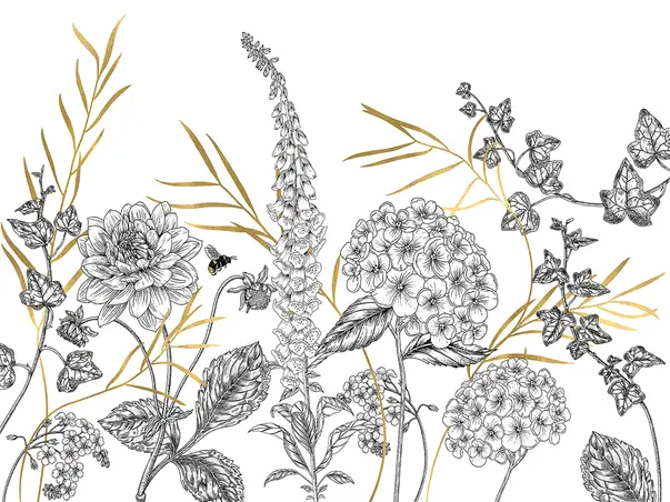 fototapet floral in stil grafic negru cu accente metalice aurii