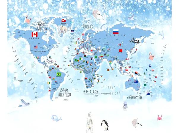 fototapet harta lumii cu tari si steaguri