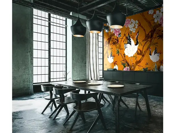 fototapet marburg falina portocaliu cu flori si pasari