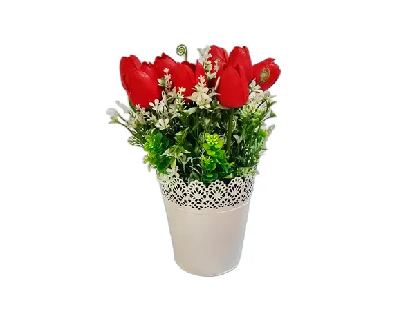 ghiveci alb cu lalele artificiale rosii
