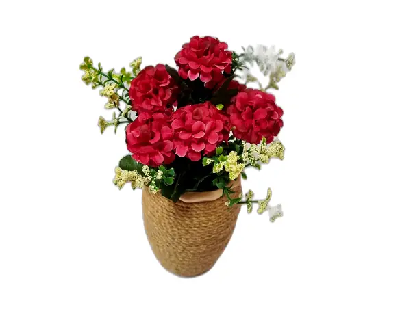 ghiveci din ceramica cu flori artificiale rosii