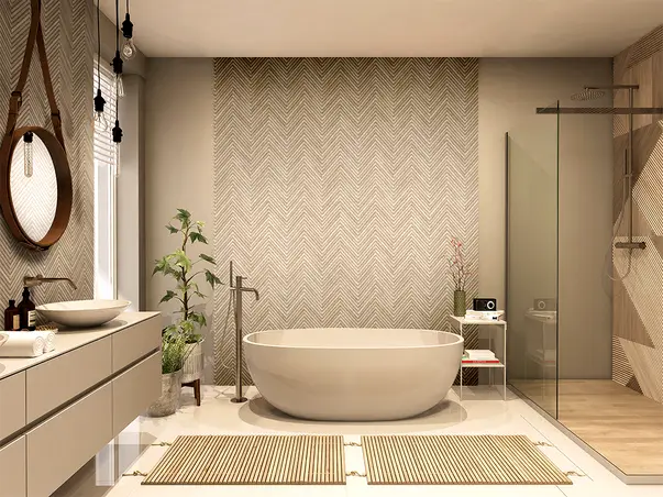 idei decor baie in nuante si texturi naturale