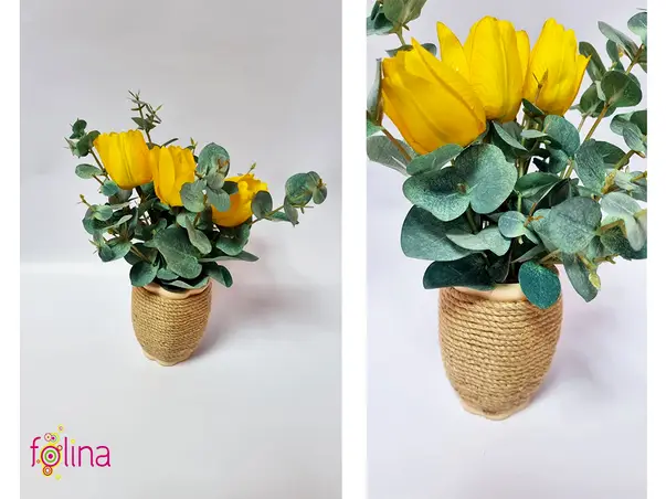 lalele artificiale galbene in vas ceramic cu sfoara