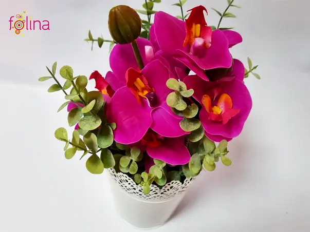 orhidee artificiala roz magenta in vas metalic alb