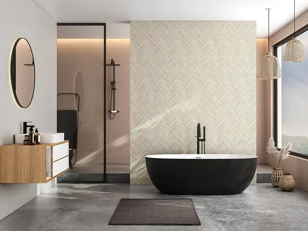 perete accent in baie cu tapet chevron