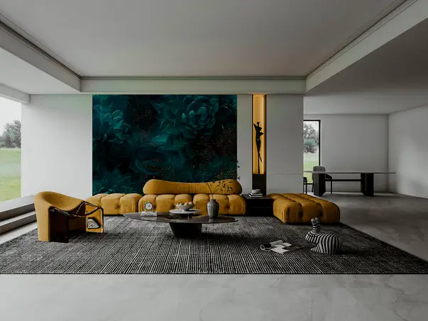 perete accent living cu fototapet floral verde