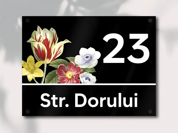 placuta adresa model buchet de flori sticla acrilica tehnologie printare uv s1