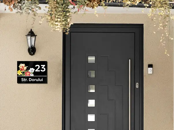 placuta adresa model buchet de flori sticla acrilica tehnologie printare uv s7