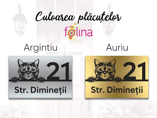 placuta adresa model pisica motan din bond argintiu sau auriu s1