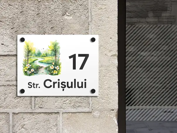 placuta cu numar si adresa model printat uv colorata acril alb s02