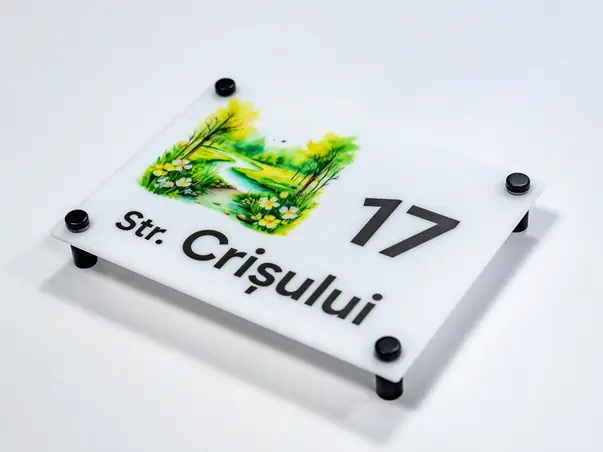 placuta cu numar si adresa model printat uv colorata acril alb s05