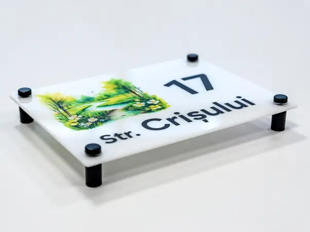 placuta cu numar si adresa model printat uv colorata acril alb s06