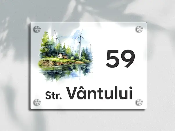 placuta cu numar si adresa model printat uv colorata model casuta acril alb s00