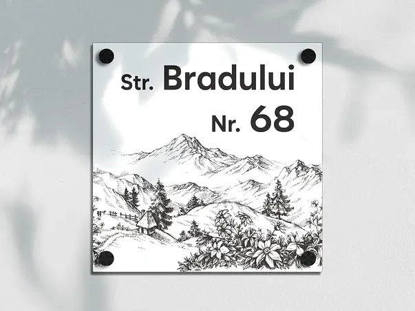 placuta cu numar si adresa model printat uv colorata model casuta acril alb s00