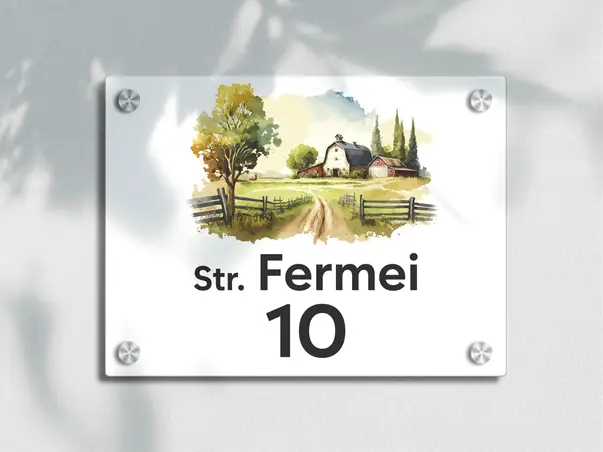 placuta cu numar si adresa model printat uv colorata model casuta acril alb s00