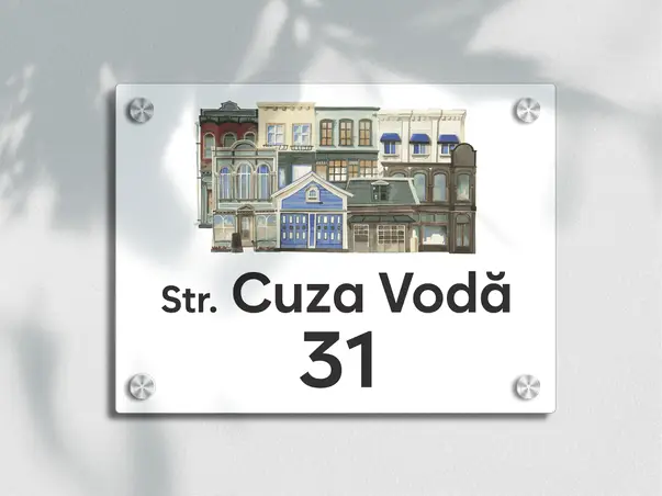 placuta cu numar si adresa model printat uv colorata model casuta acril alb s00