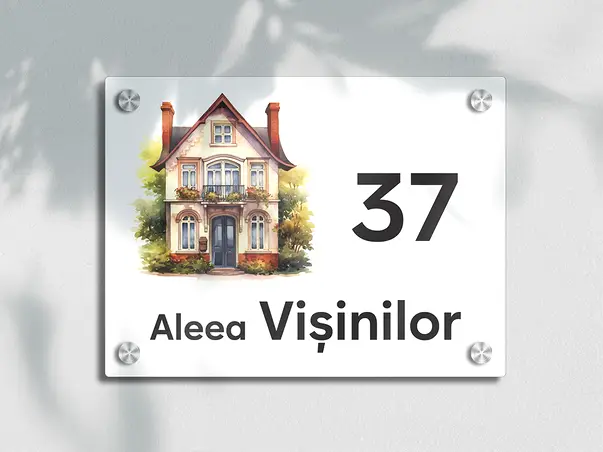 placuta cu numar si adresa model printat uv colorata model casuta acril alb s00