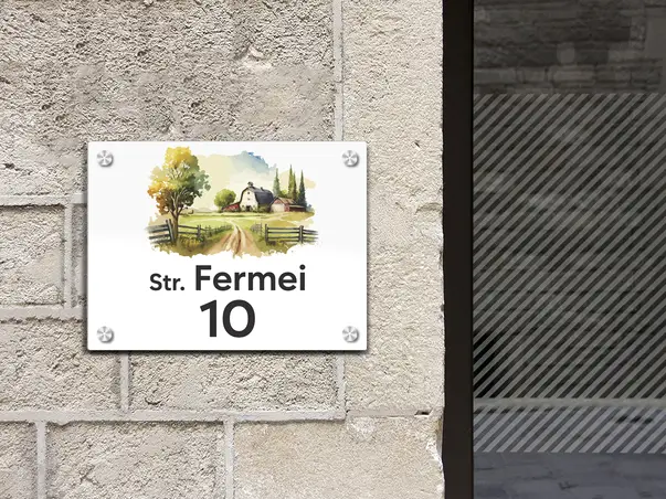 placuta cu numar si adresa model printat uv colorata model casuta acril alb s02