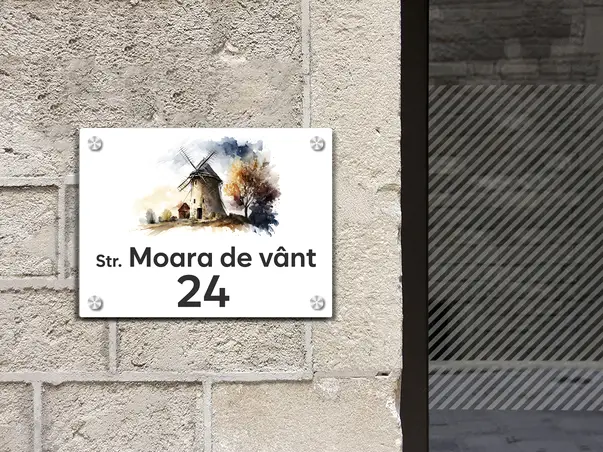 placuta cu numar si adresa model printat uv colorata model casuta acril alb s02